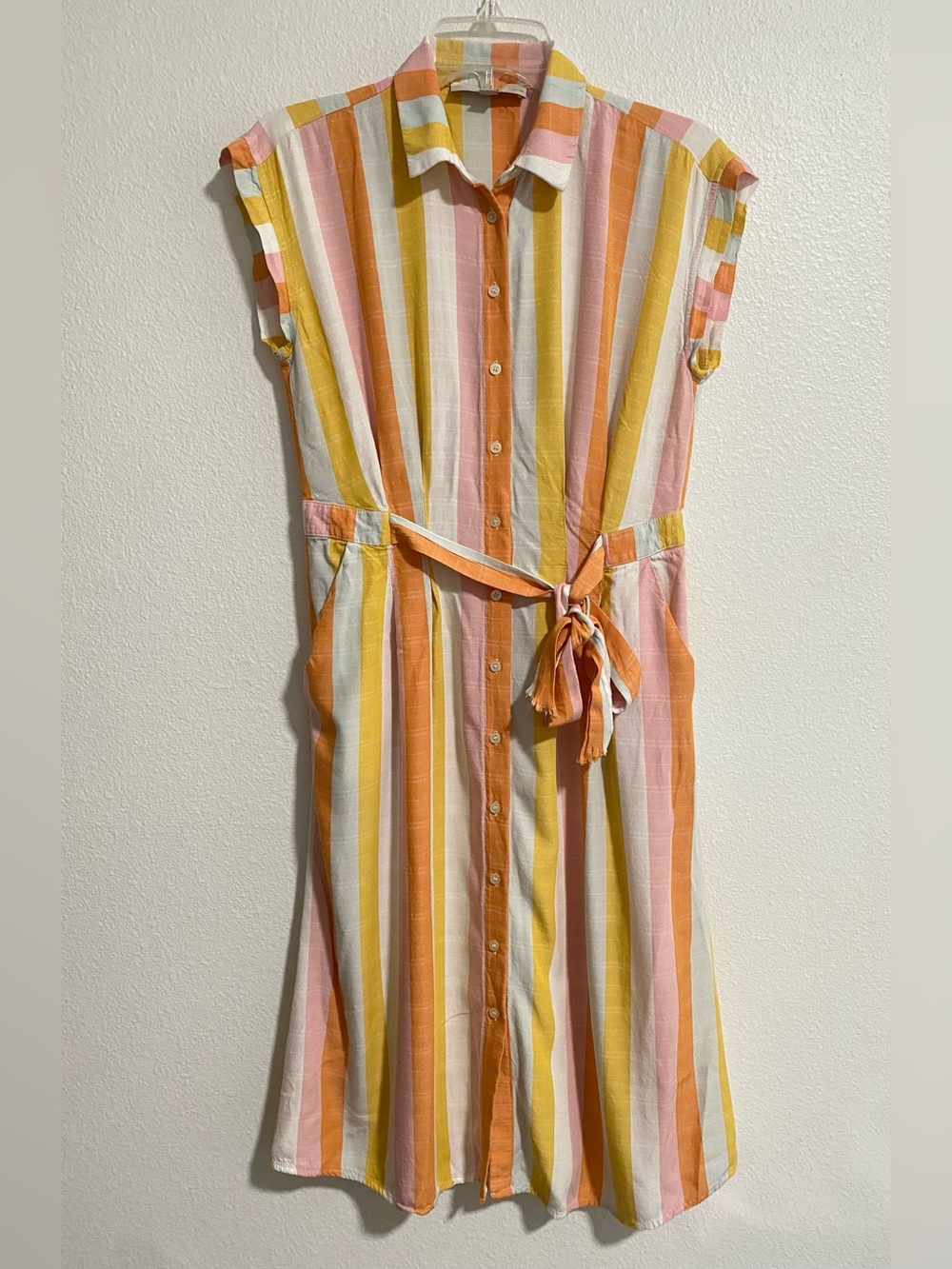 Loft Colorful Striped Midi Rayon Button Up Shirt Dress w/Pockets sz 4 Petite